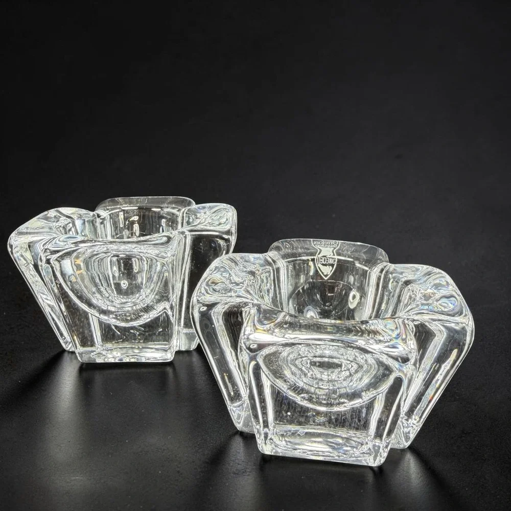 Orrefors Sweden Corona Crystal Votive Candle Holder Set of 2 Lars Hellsten Clear
